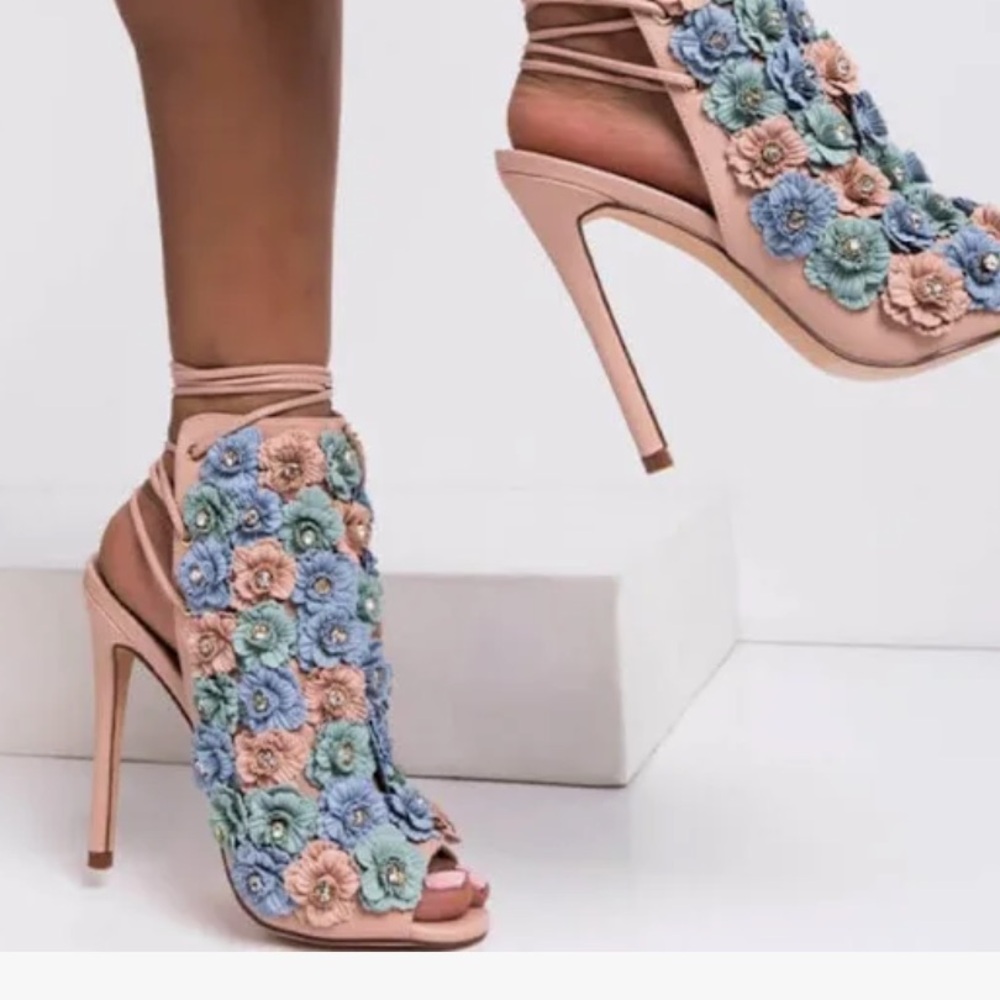 Floral Lace-Up Heels with Pastel Blooms